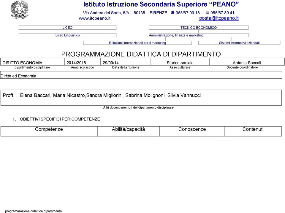 DIPARTIMENTO DIRITTO ECONOMIA 2014/2015 29/09/14 Storico-sociale Antonio Soccali dipartimento disciplinare Anno scolastico Data della riunione Asse culturale Docente coordinatore Diritto