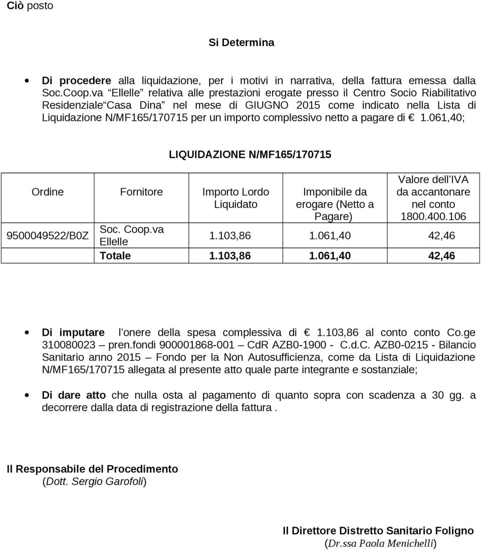 importo complessivo netto a pagare di 1.061,40; LIQUIDAZIONE N/MF165/170715 Ordine Fornitore Importo Lordo Liquidato 9500049522/B0Z Soc. Coop.