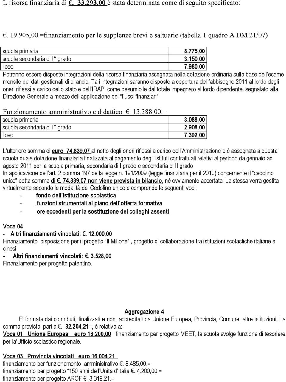 980,00 Potranno essere disposte integrazioni della risorsa finanziaria assegnata nella dotazione ordinaria sulla base dell esame mensile dei dati gestionali di bilancio.