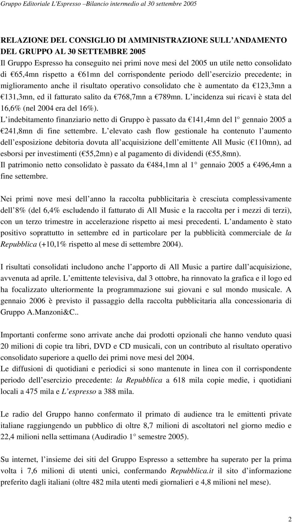 aumentato da 123,3mn a 131,3mn, ed il fatturato salito da 768,7mn a 789mn. L incidenza sui ricavi è stata del 16,6% (nel 2004 era del 16%).