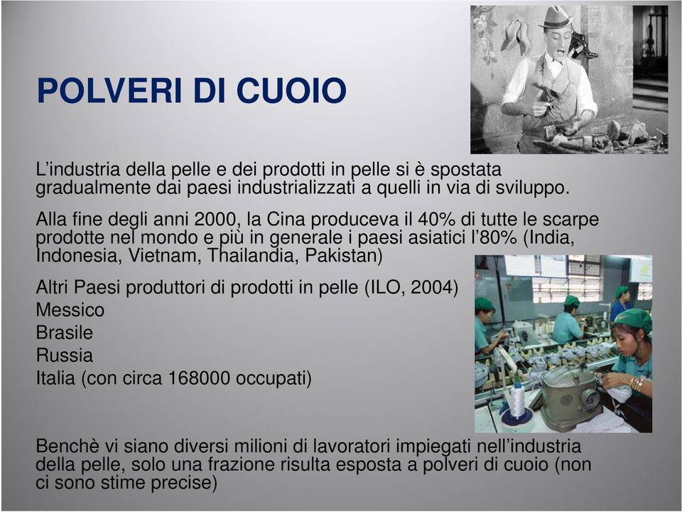 Vietnam, Thailandia, Pakistan) Altri Paesi produttori di prodotti in pelle (ILO, 2004) Messico Brasile Russia Italia (con circa 168000 occupati) Benchè