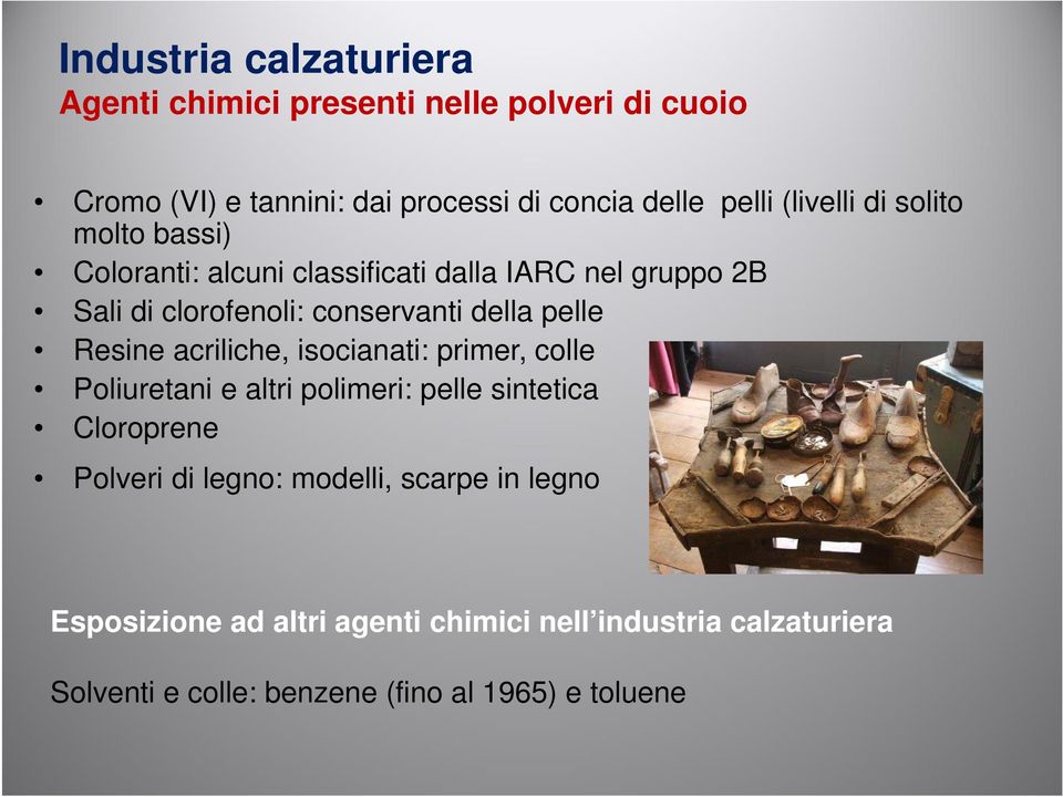 pelle Resine acriliche, isocianati: primer, colle Poliuretani e altri polimeri: pelle sintetica Cloroprene Polveri di legno: