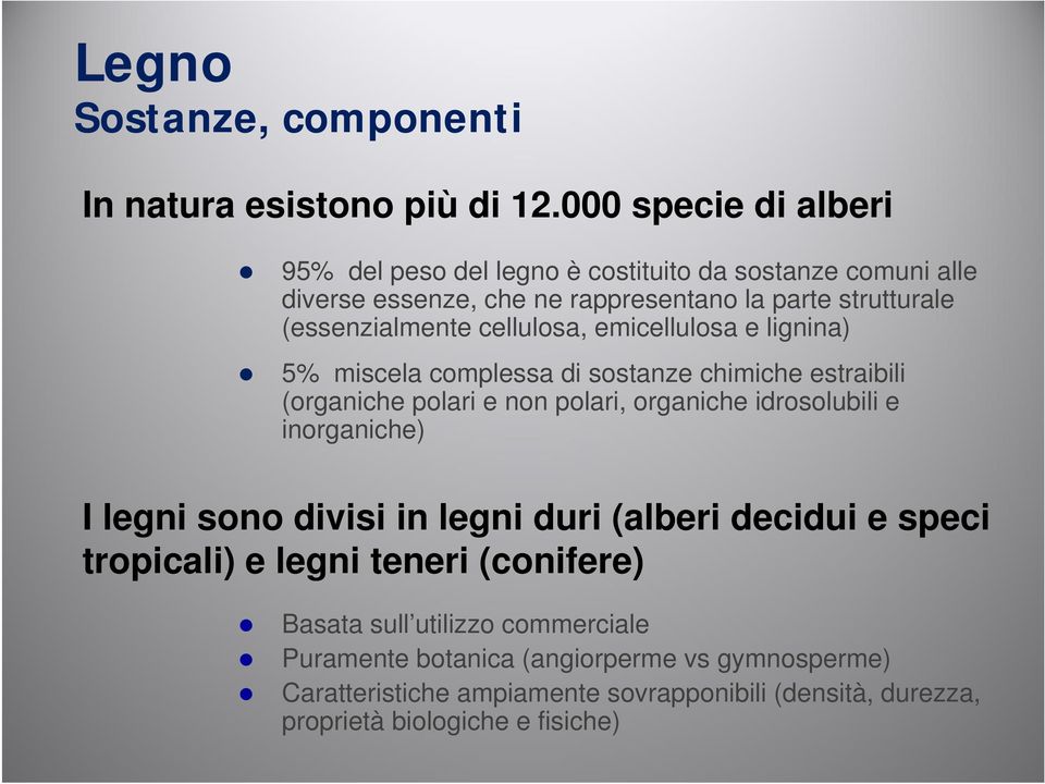 cellulosa, emicellulosa e lignina) 5% miscela complessa di sostanze chimiche estraibili (organiche polari e non polari, organiche idrosolubili e inorganiche) I