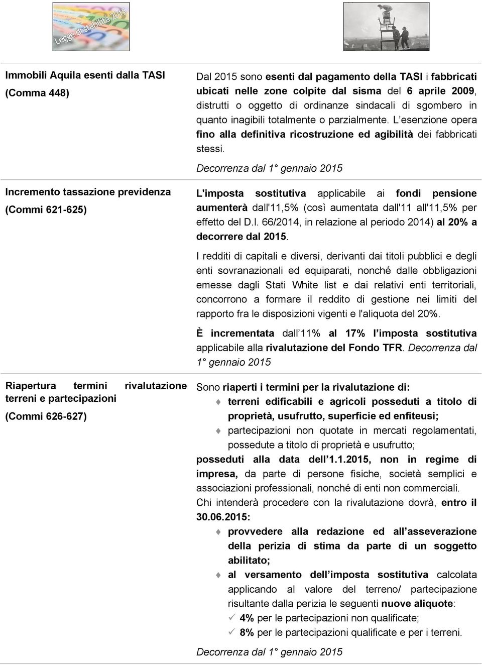 Incremento tassazione previdenza (Commi 621-625) L'imposta sostitutiva applicabile ai fondi pensione aumenterà dall'11,5% (così aumentata dall'11 all'11,5% per effetto del D.l. 66/2014, in relazione al periodo 2014) al 20% a decorrere dal 2015.