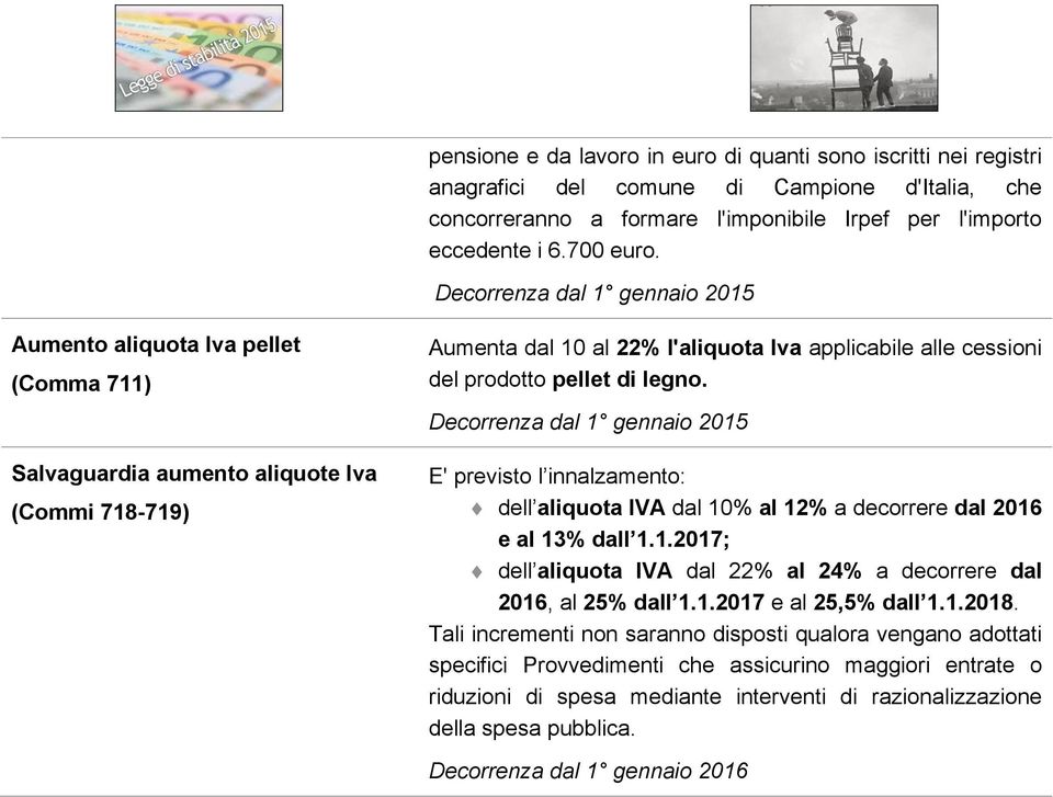 E' previsto l innalzamento: dell aliquota IVA dal 10% al 12% a decorrere dal 2016 e al 13% dall 1.1.2017; dell aliquota IVA dal 22% al 24% a decorrere dal 2016, al 25% dall 1.1.2017 e al 25,5% dall 1.