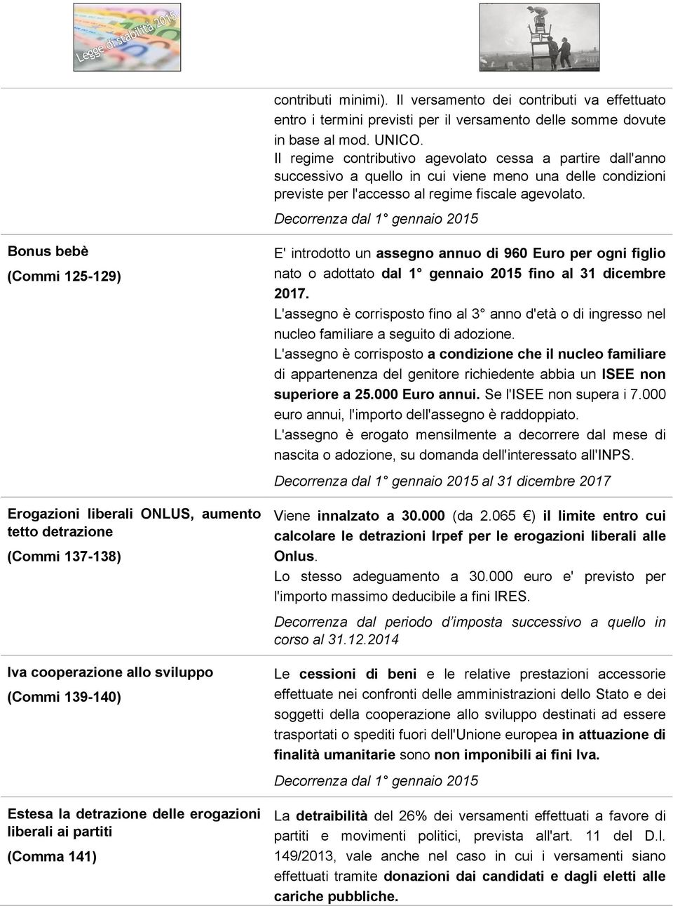 Bonus bebè (Commi 125-129) Erogazioni liberali ONLUS, aumento tetto detrazione (Commi 137-138) Iva cooperazione allo sviluppo (Commi 139-140) Estesa la detrazione delle erogazioni liberali ai partiti