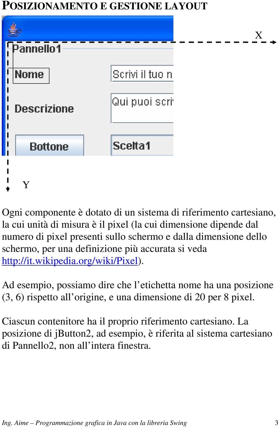 Ad esempio, possiamo dire che l etichetta nome ha una posizione (3, 6) rispetto all origine, e una dimensione di 20 per 8 pixel.