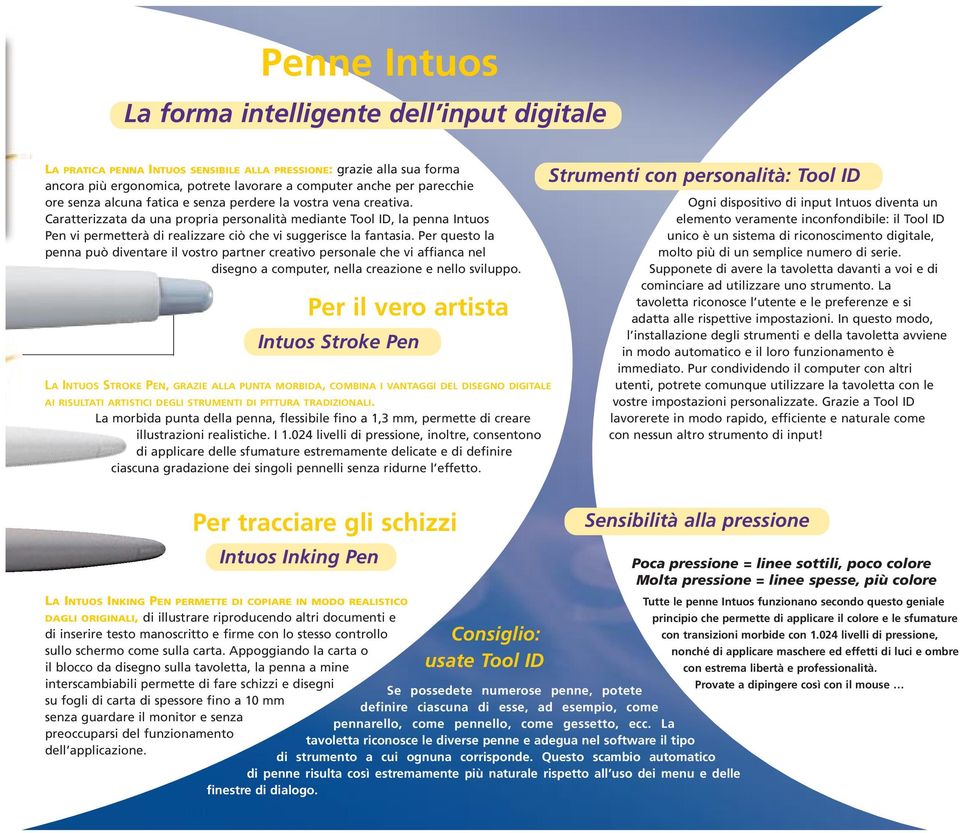 Caratterizzata da una propria personalità mediante Tool ID, la penna Intuos Pen vi permetterà di realizzare ciò che vi suggerisce la fantasia.