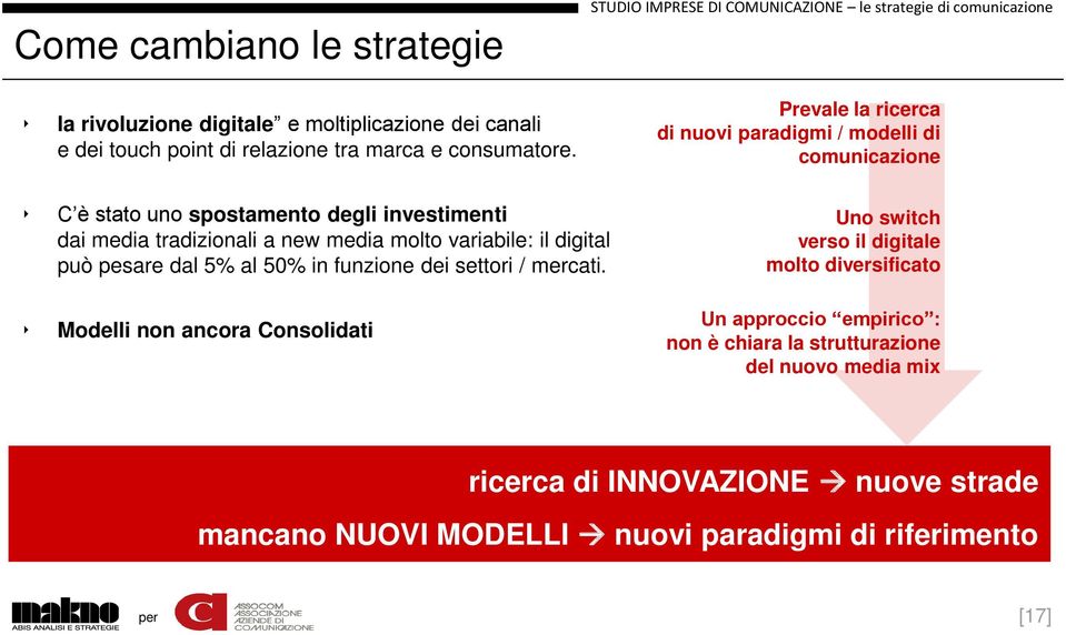 investimenti dai media tradizionali a new media molto variabile: il digital può pesare dal 5% al 50% in funzione dei settori / mercati.