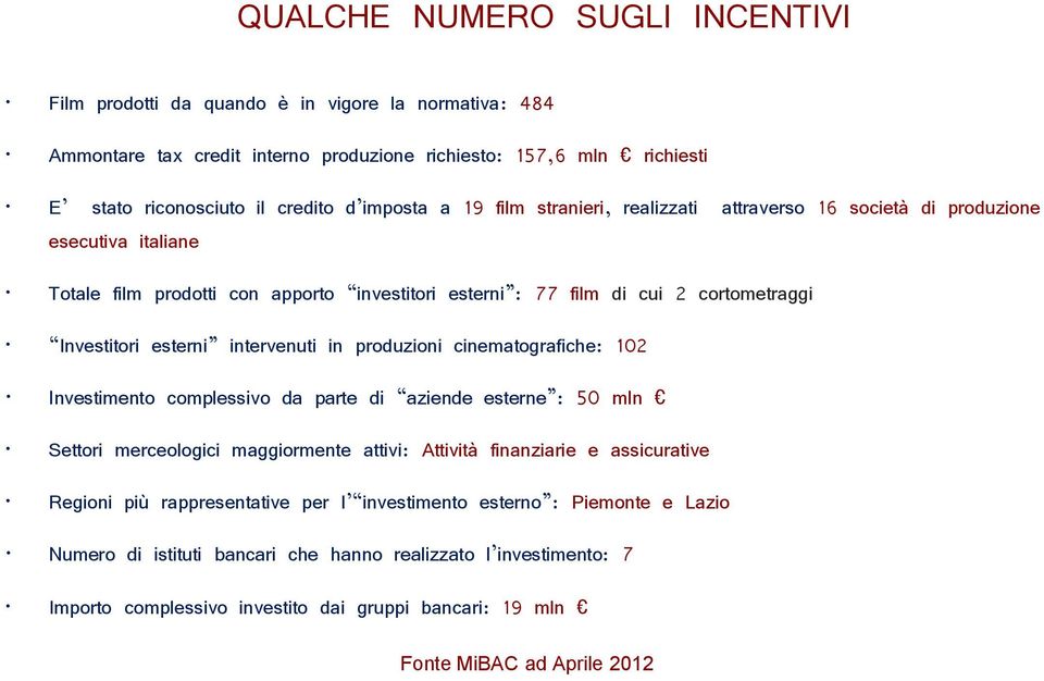 intervenuti in produzioni cinematografiche: 102 Investimento complessivo da parte di aziende esterne : 50 mln Settori merceologici maggiormente attivi: Attività finanziarie e assicurative Regioni più