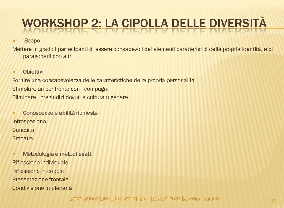 i compagni Eliminare i pregiudizi dovuti a cultura o genere Conoscenze e abilità richieste Introspezione Curiosità Empatia Metodologia e metodi usati