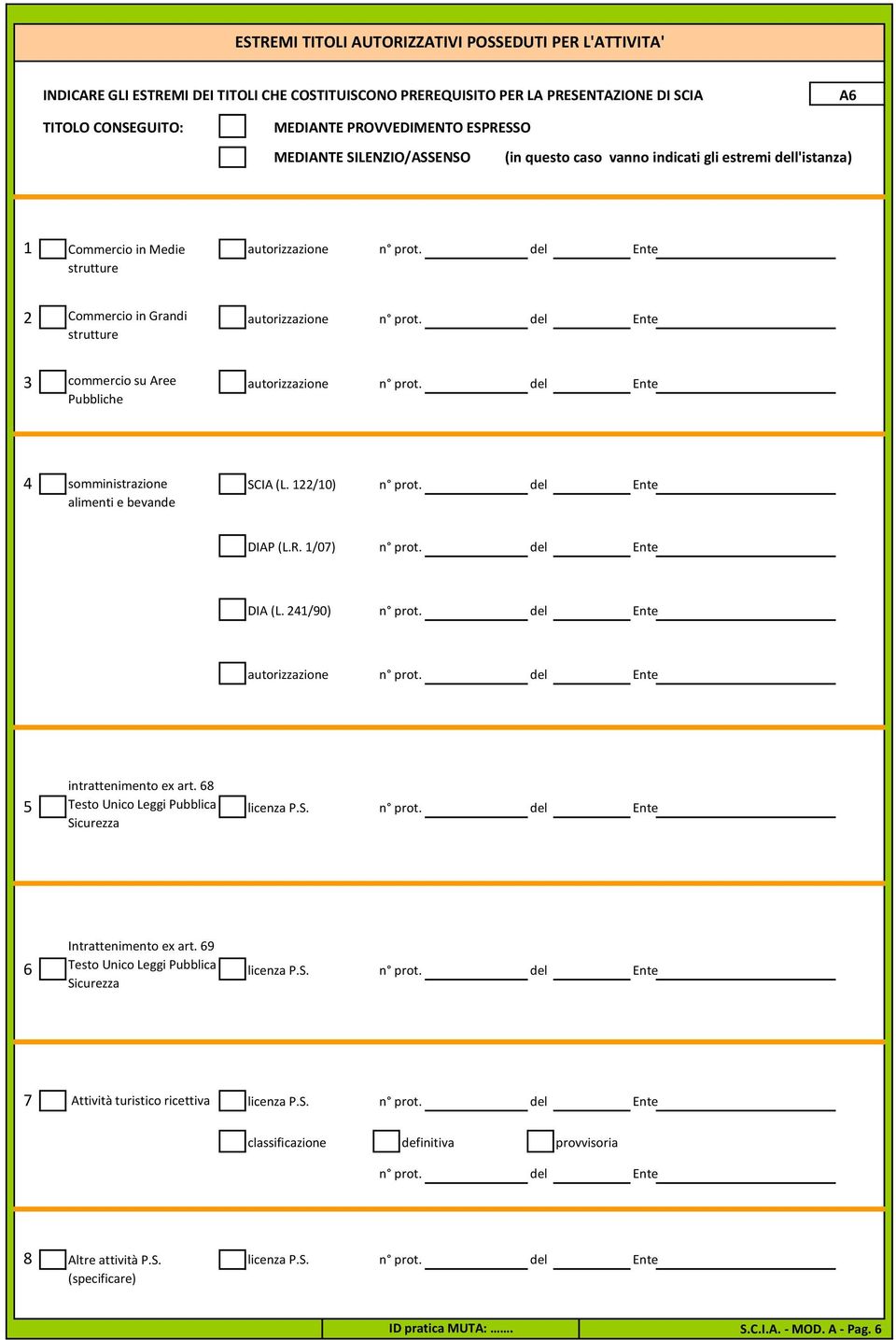 del Ente strutture 3 commercio su Aree autorizzazione n prot. del Ente Pubbliche 4 somministrazione SCIA (L. 122/10) n prot. del Ente alimenti e bevande DIAP (L.R. 1/07) n prot. del Ente DIA (L.