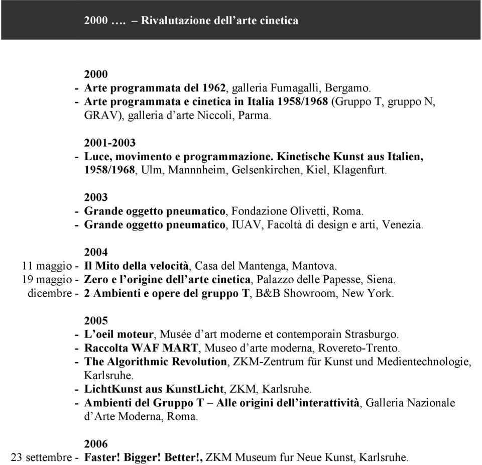 Kinetische Kunst aus Italien, 1958/1968, Ulm, Mannnheim, Gelsenkirchen, Kiel, Klagenfurt. 2003 - Grande oggetto pneumatico, Fondazione Olivetti, Roma.