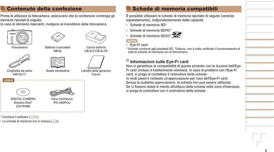 Schede di memoria SD* Schede di memoria SDHC* Schede di memoria SDXC* SX0 HS camera Batteria ricaricabile NB-L Carica batteria CB-LY/CB-LYE Eye-Fi card * Schede conformi agli standard SD.