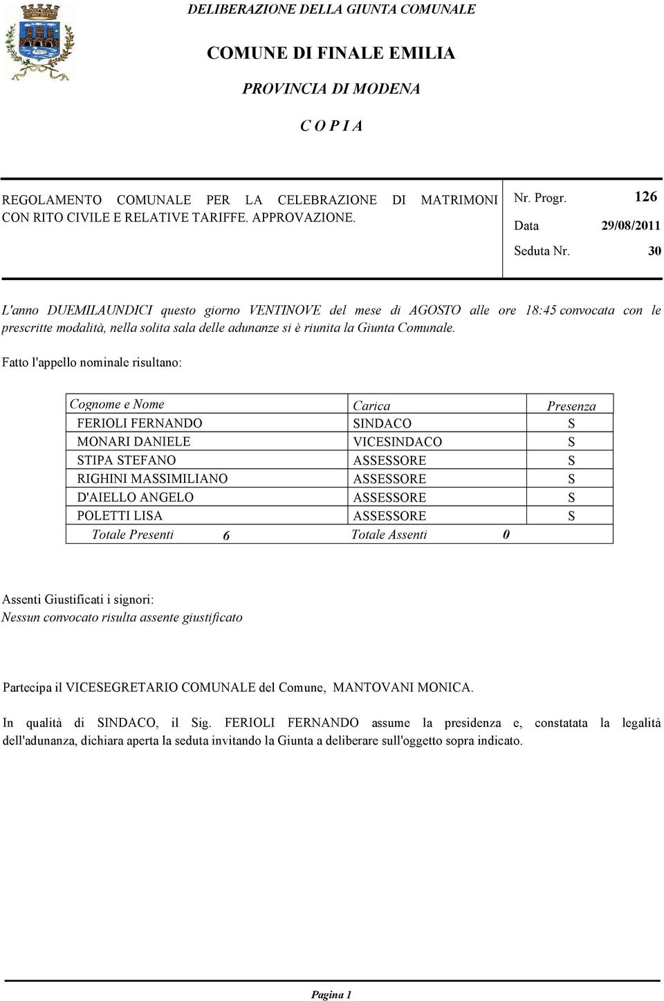 Fatto l'appello nominale risultano: Cognome e Nome Carica Presenza FERIOLI FERNANDO INDACO MONARI DANIELE VICEINDACO TIPA TEFANO AEORE RIGHINI MAIMILIANO AEORE D'AIELLO ANGELO AEORE POLETTI LIA AEORE