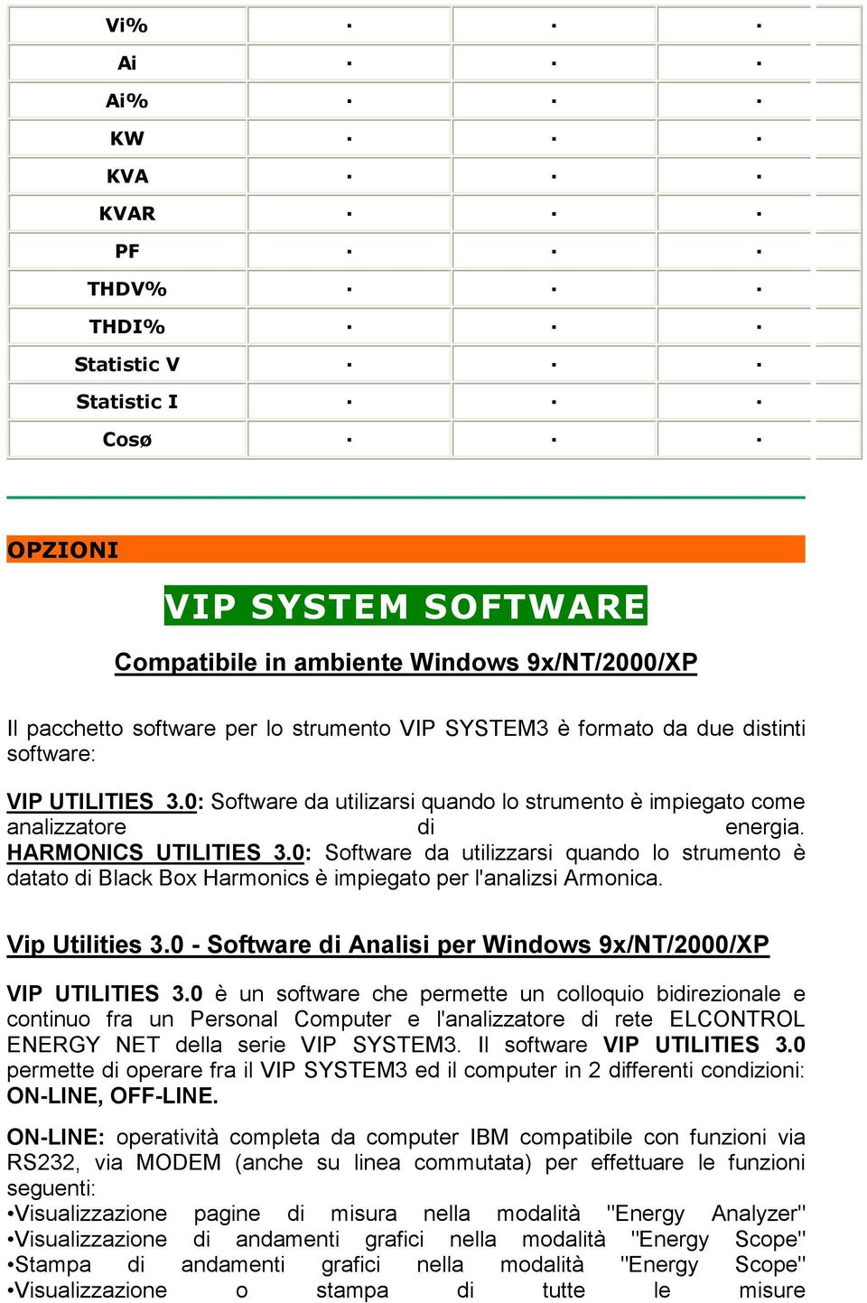 0: Software da utilizzarsi quando lo strumento è datato di Black Box Harmonics è impiegato per l'analizsi Armonica. Vip Utilities 3.0 - Software di Analisi per Windows 9x/NT/2000/XP VIP UTILITIES 3.
