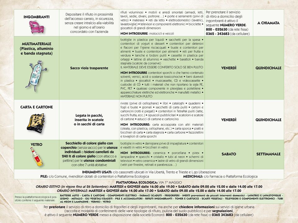 elettronici biciclette giocattoli di grandi dimensioni NON INTROURRE: motocicli e veicoli Per prenotare il servizio di ritiro a domicilio degli ingombranti è attivo il seguente NUERO ERE: 800-032630