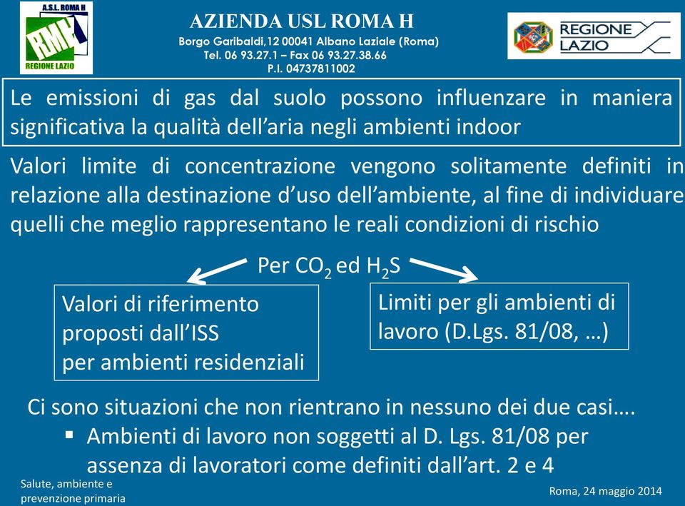 Valori di riferimento proposti dall ISS per ambienti residenziali AZIENDA USL ROMA H Per CO 2 ed H 2 S Limiti per gli ambienti di lavoro (D.Lgs.