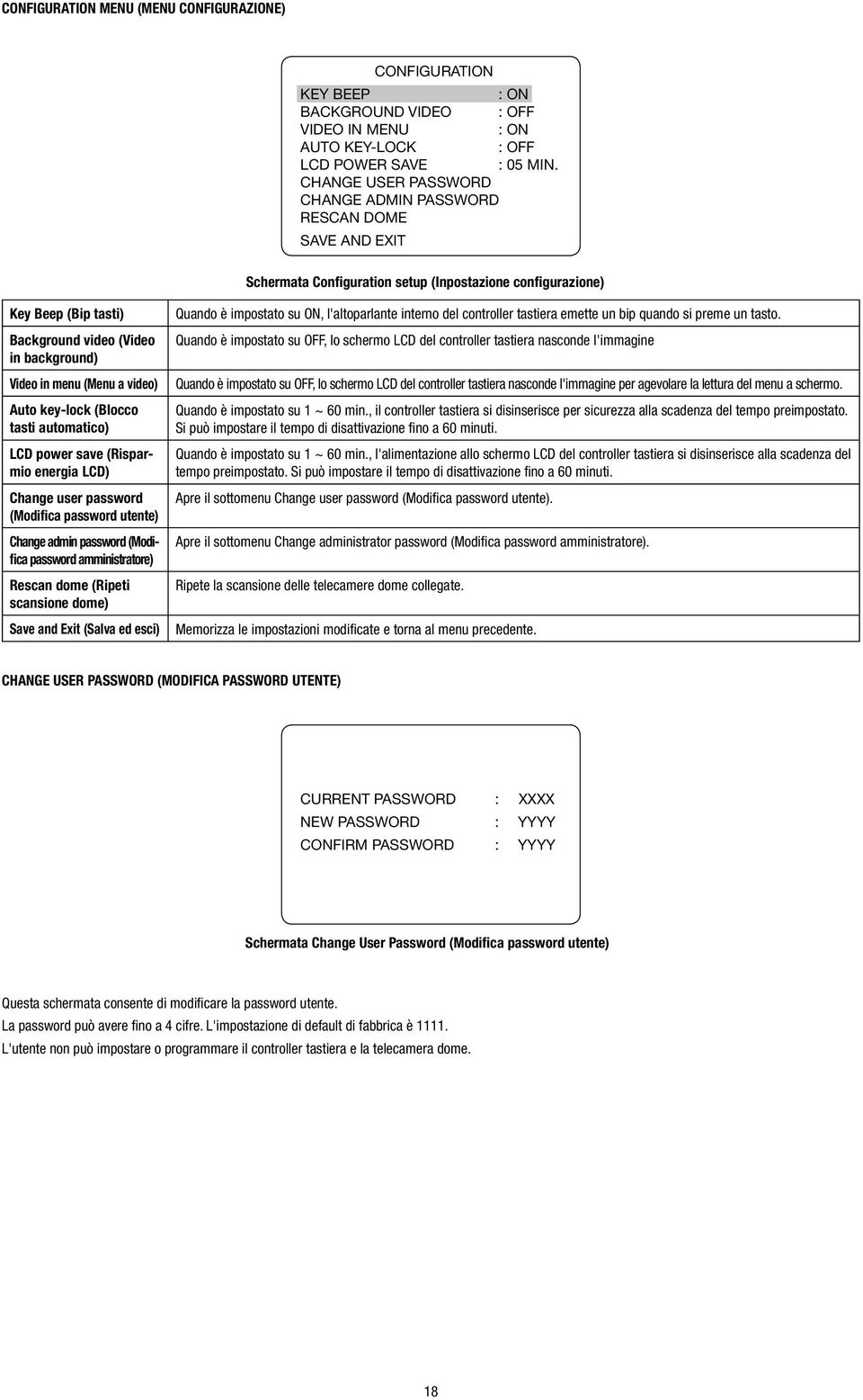 menu (Menu a video) Auto key-lock (Blocco tasti automatico) LCD power save (Risparmio energia LCD) Change user password (Modifica password utente) Change admin password (Modifica password