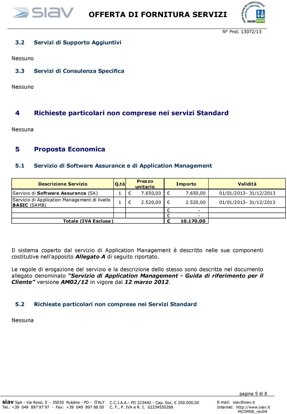 650,00 01/01/2013-31/12/2013 Servizio di Application Management di livello BASIC (SAMB) Totale (IVA Esclusa) 1 2.520,00 2.520,00 01/01/2013-31/12/2013 - - 10.
