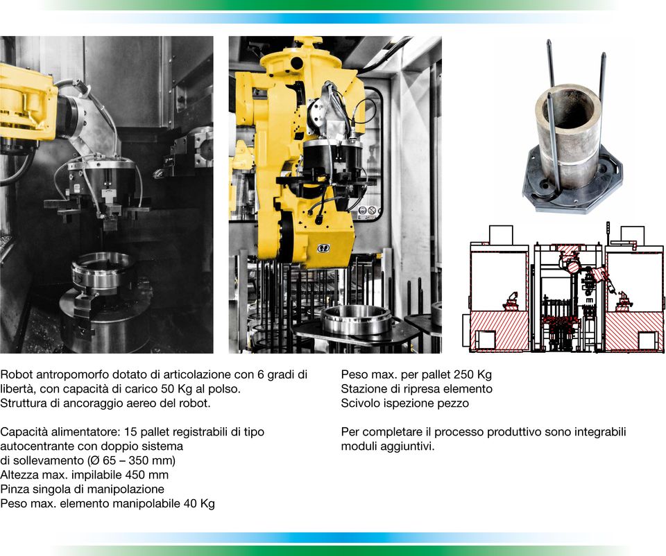 Capacità alimentatore: 15 pallet registrabili di tipo autocentrante con doppio sistema di sollevamento (Ø 65 350 mm) Altezza max.