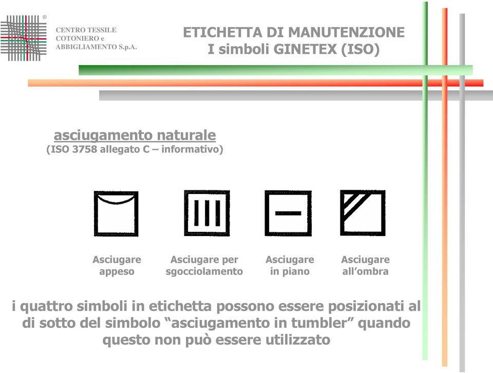 Asciugare all ombra i quattro simboli in etichetta possono essere posizionati