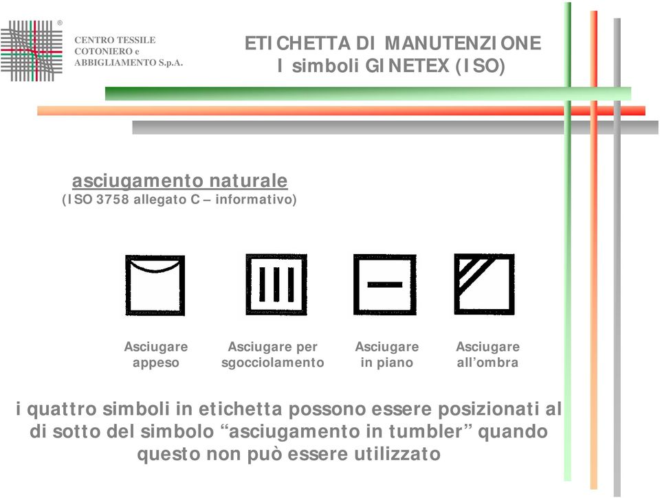 Asciugare all ombra i quattro simboli in etichetta possono essere posizionati