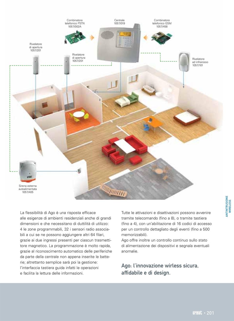 programmabili, 32 i sensori radio associabili a cui se ne possono aggiungere altri 64 filari, grazie ai due ingressi presenti per ciascun trasmettitore magnetico.