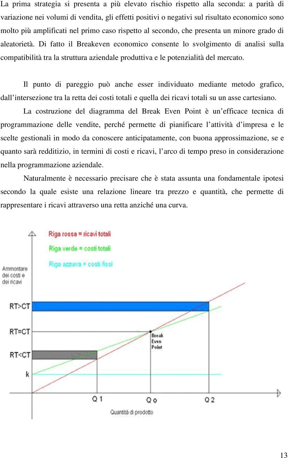 Di fatto il Breakeven economico consente lo svolgimento di analisi sulla compatibilità tra la struttura aziendale produttiva e le potenzialità del mercato.