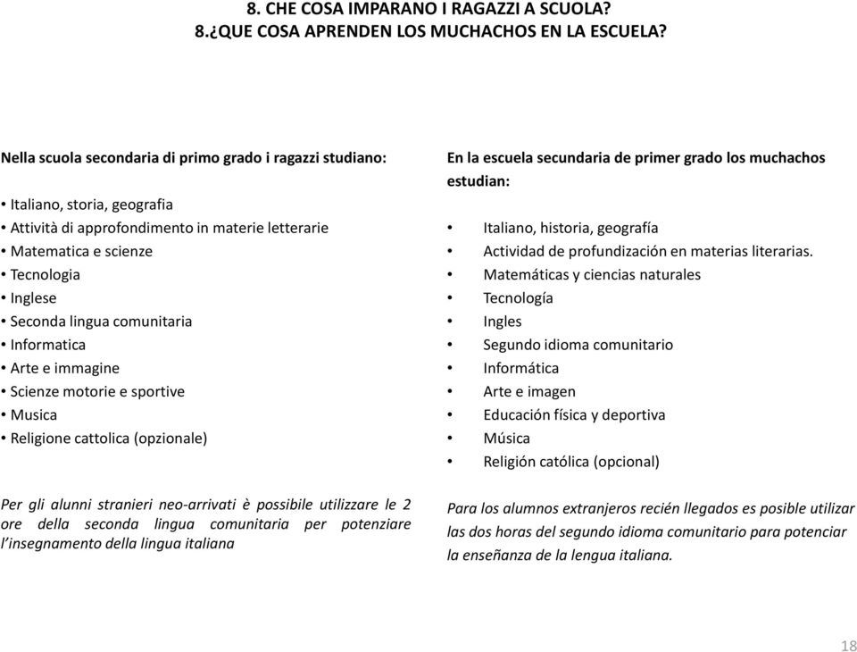 comunitaria Informatica Arteeimmagine Scienze motorie e sportive Musica Religione cattolica(opzionale) En la escuela secundaria de primer grado los muchachos estudian: Italiano, historia, geografía