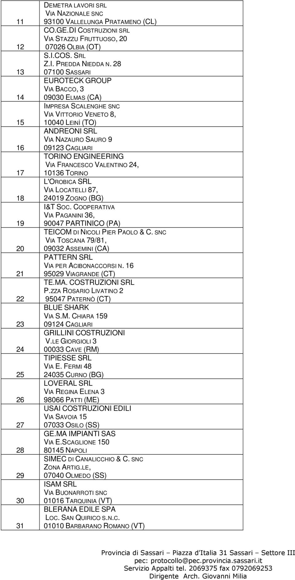 28 EUROTECK GROUP VIA BACCO, 3 09030 ELMAS (CA) IMPRESA SCALENGHE SNC VIA VITTORIO VENETO 8, 10040 LEINÌ (TO) ANDREONI SRL VIA NAZAURO SAURO 9 09123 CAGLIARI TORINO ENGINEERING VIA FRANCESCO