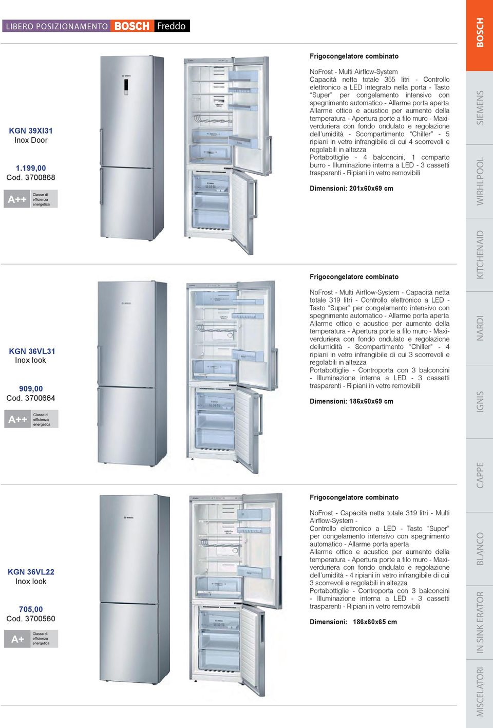 con spegnimento automatico - Allarme porta aperta Allarme ottico e acustico per aumento della temperatura - Apertura porte a filo muro - Maxiverduriera con fondo ondulato e regolazione dell umidità -