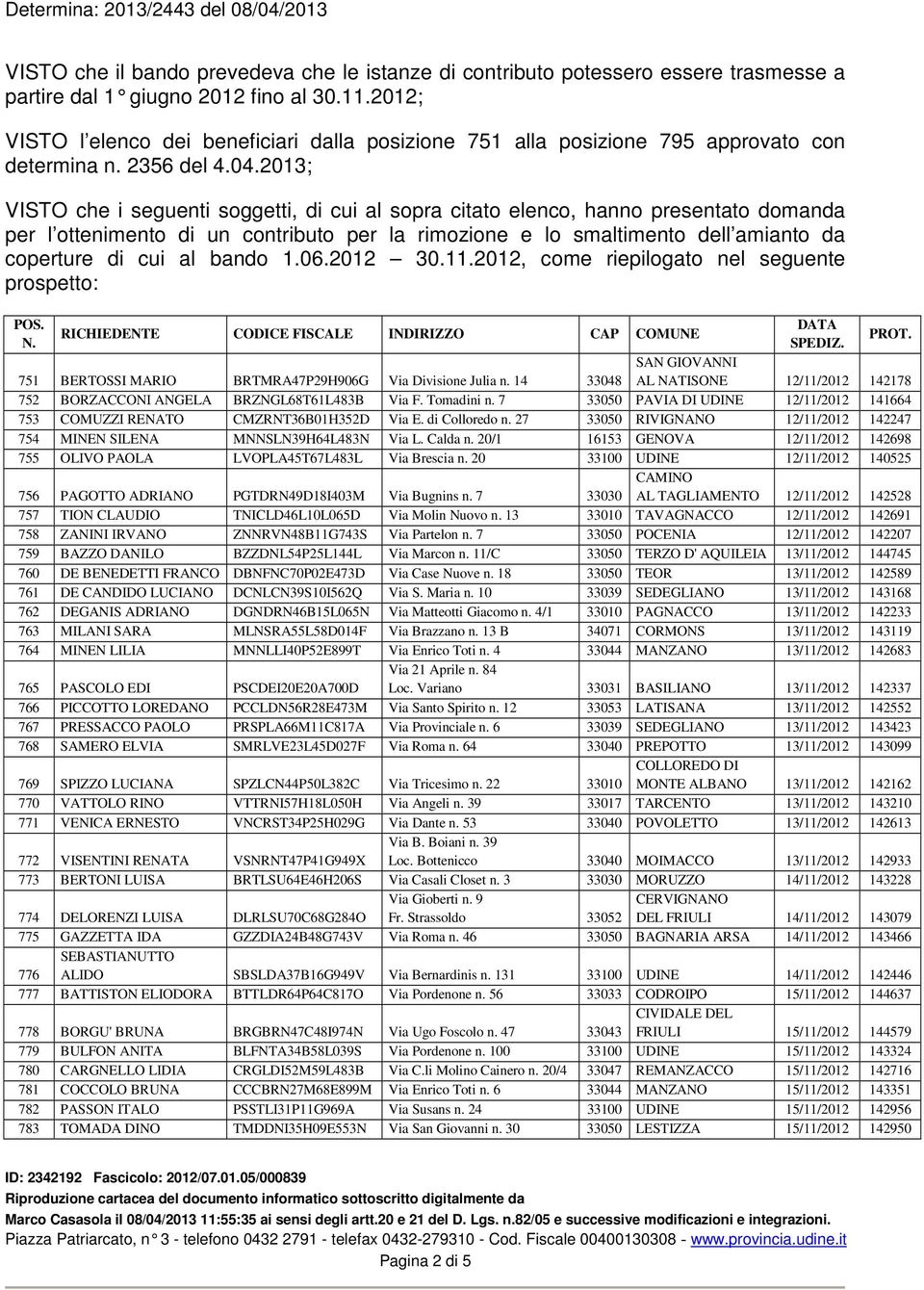 2013; VISTO che i seguenti soggetti, di cui al sopra citato elenco, hanno presentato domanda per l ottenimento di un contributo per la rimozione e lo smaltimento dell amianto da coperture di cui al