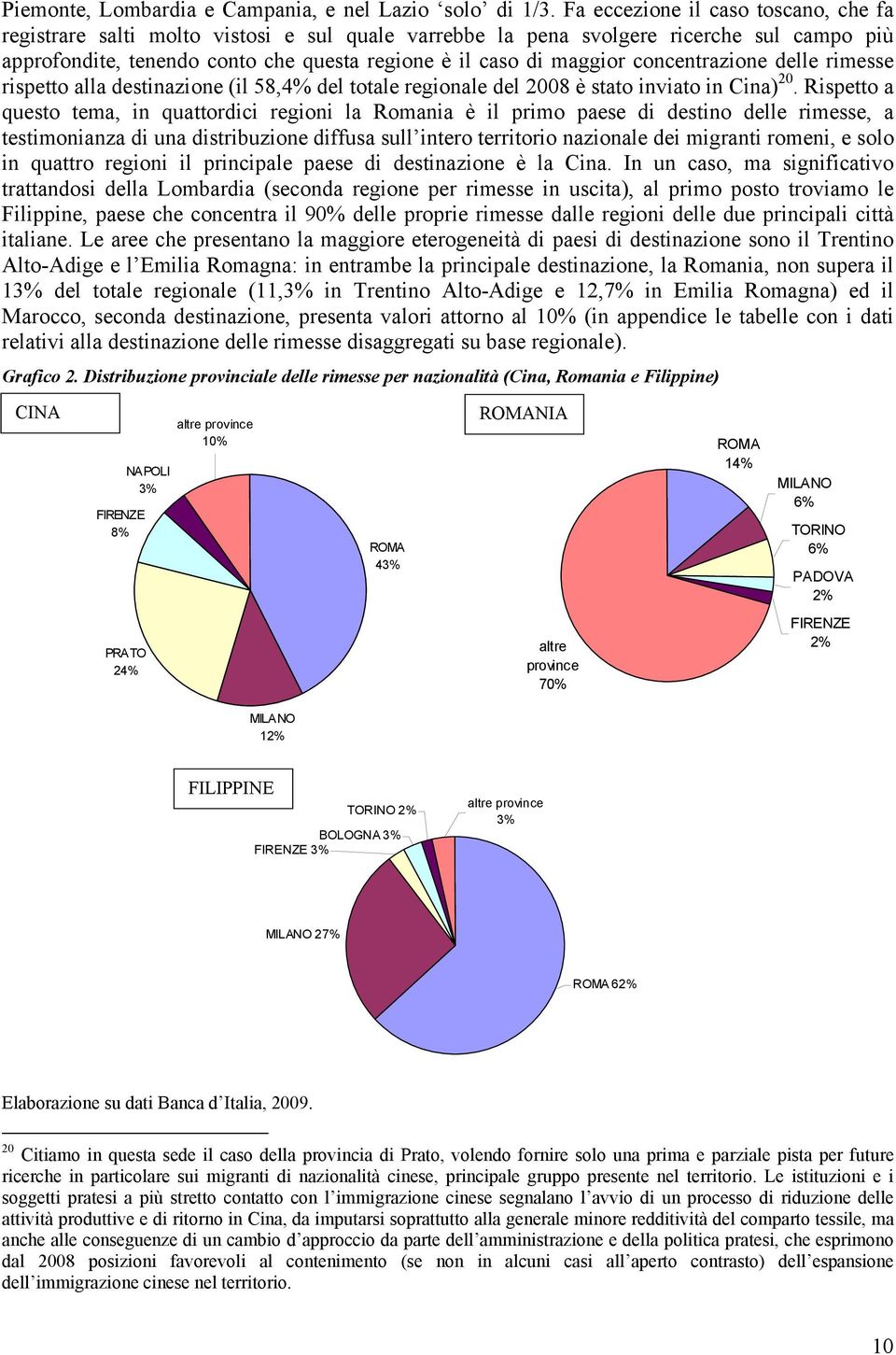 concentrazione delle rimesse rispetto alla destinazione (il 58,4% del totale regionale del 2008 è stato inviato in Cina) 20.
