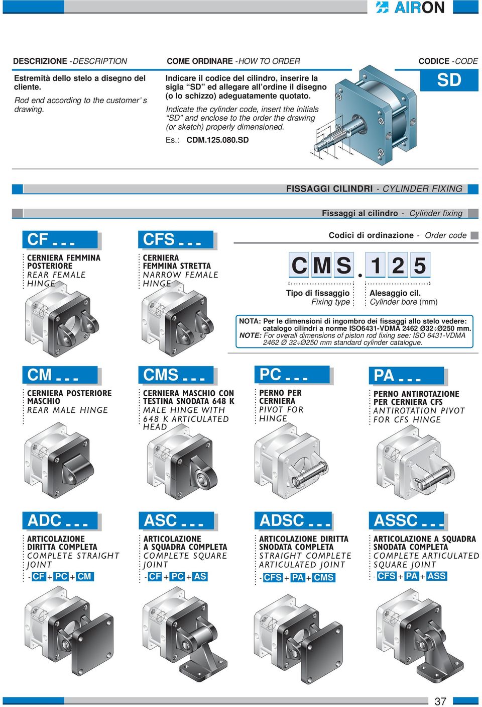 Indicate the cylinder code, insert the initials SD and enclose to the order the drawing (or sketch) properly dimensioned. Es.: CDM.125.080.