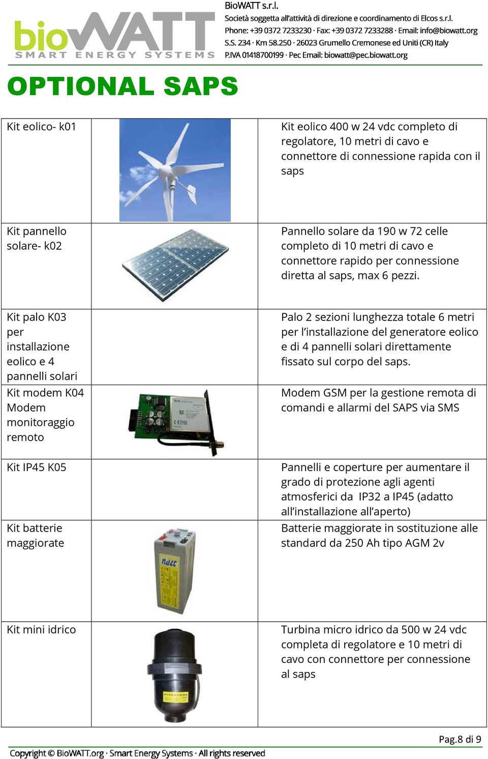 Kit palo K03 per installazione eolico e 4 pannelli solari Kit modem K04 Modem monitoraggio remoto Kit IP45 K05 Kit batterie maggiorate Palo 2 sezioni lunghezza totale 6 metri per l installazione del