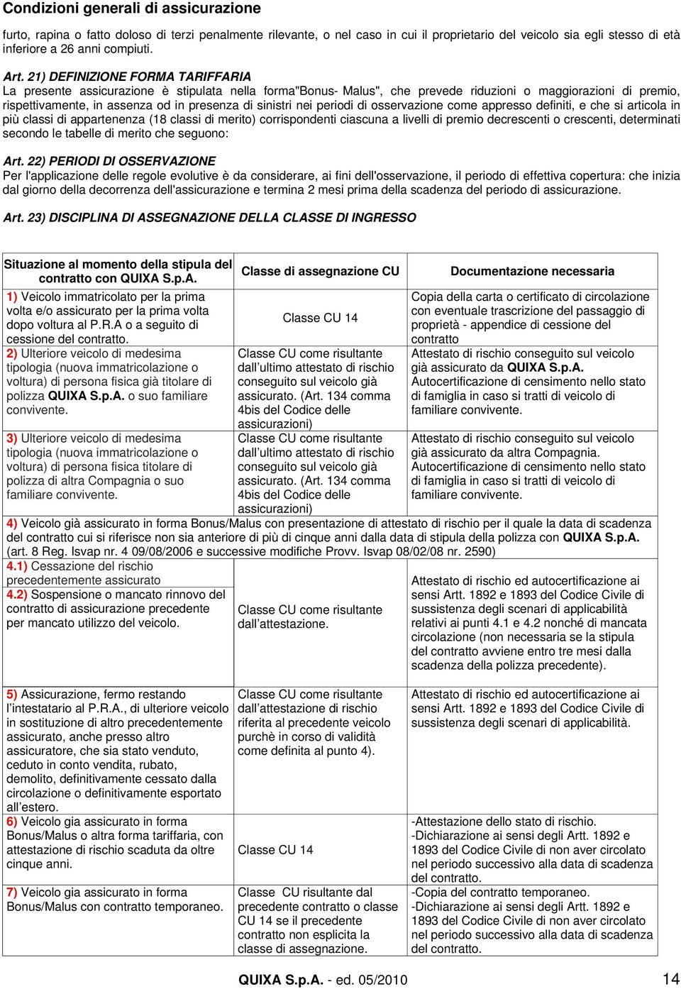 sinistri nei periodi di osservazione come appresso definiti, e che si articola in più classi di appartenenza (18 classi di merito) corrispondenti ciascuna a livelli di premio decrescenti o crescenti,