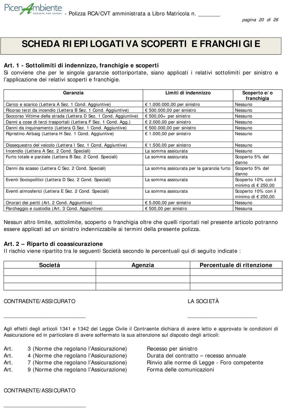 franchigie. Garanzia Limiti di indennizzo Scoperto e/o franchigia Carico e scarico (Lettera A Sez. 1 Cond. Aggiuntive) 1.000.000,00 per sinistro Nessuno Ricorso terzi da incendio (Lettera B Sez.