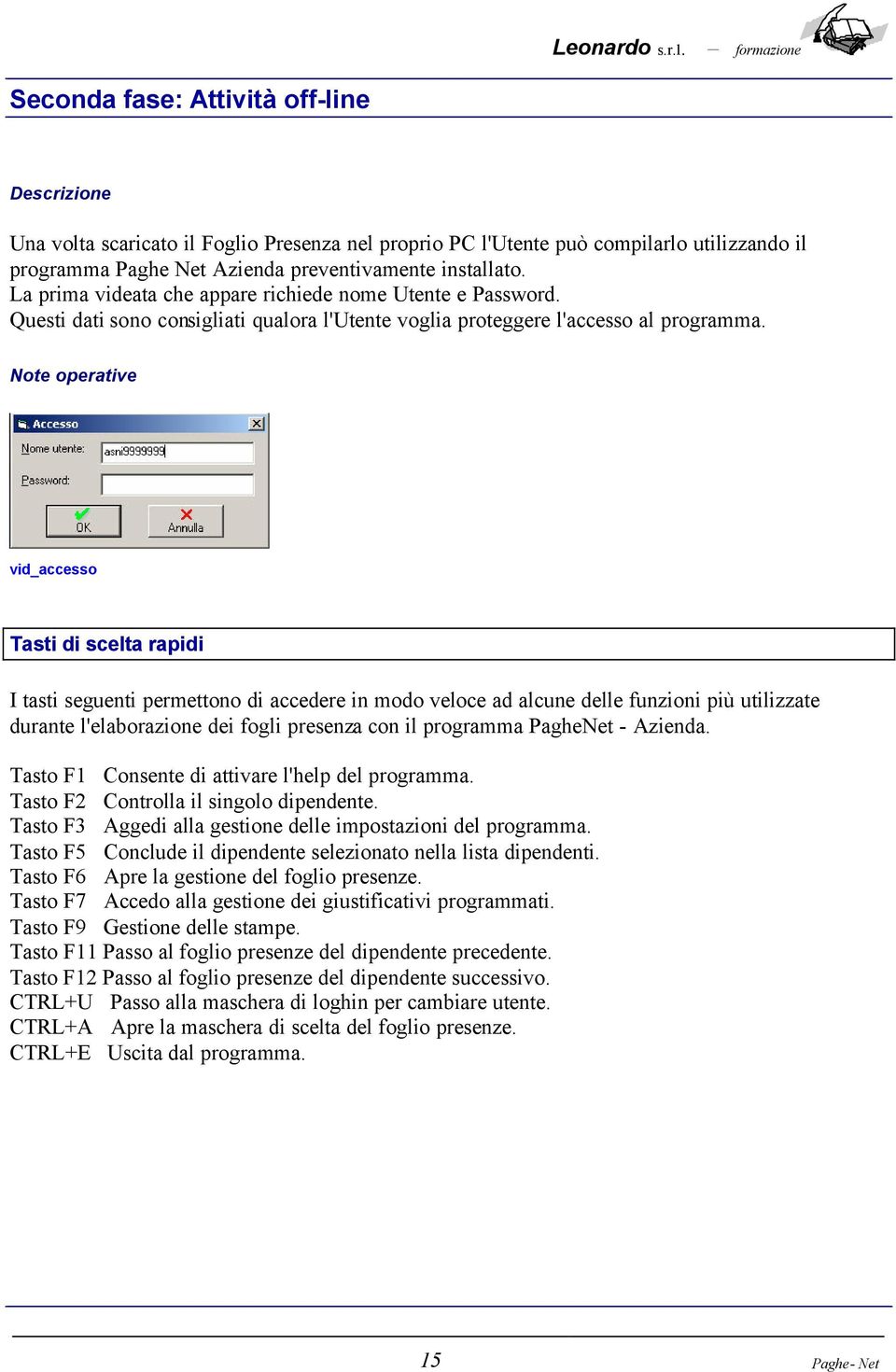 Note operative vid_accesso Tasti di scelta rapidi I tasti seguenti permettono di accedere in modo veloce ad alcune delle funzioni più utilizzate durante l'elaborazione dei fogli presenza con il