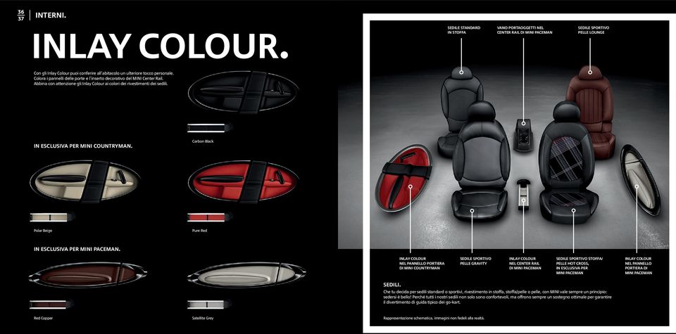 Abbina con attenzione gli Inlay Colour ai colori dei rivestimenti dei sedili. IN ESCLUSIVA PER MINI CountryMAN. Carbon Black Polar Beige Pure Red IN ESCLUSIVA PER MINI PACEMAN.