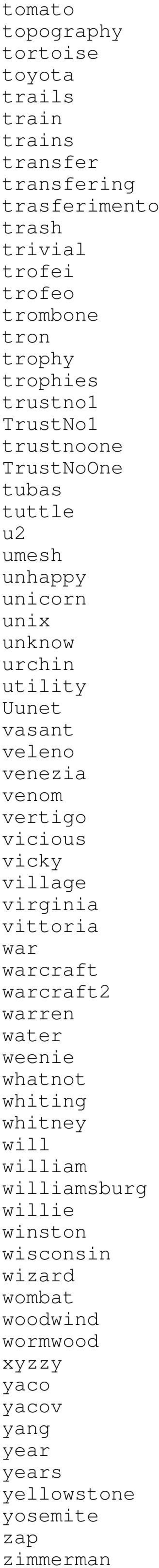 venezia venom vertigo vicious vicky village virginia vittoria war warcraft warcraft2 warren water weenie whatnot whiting whitney will