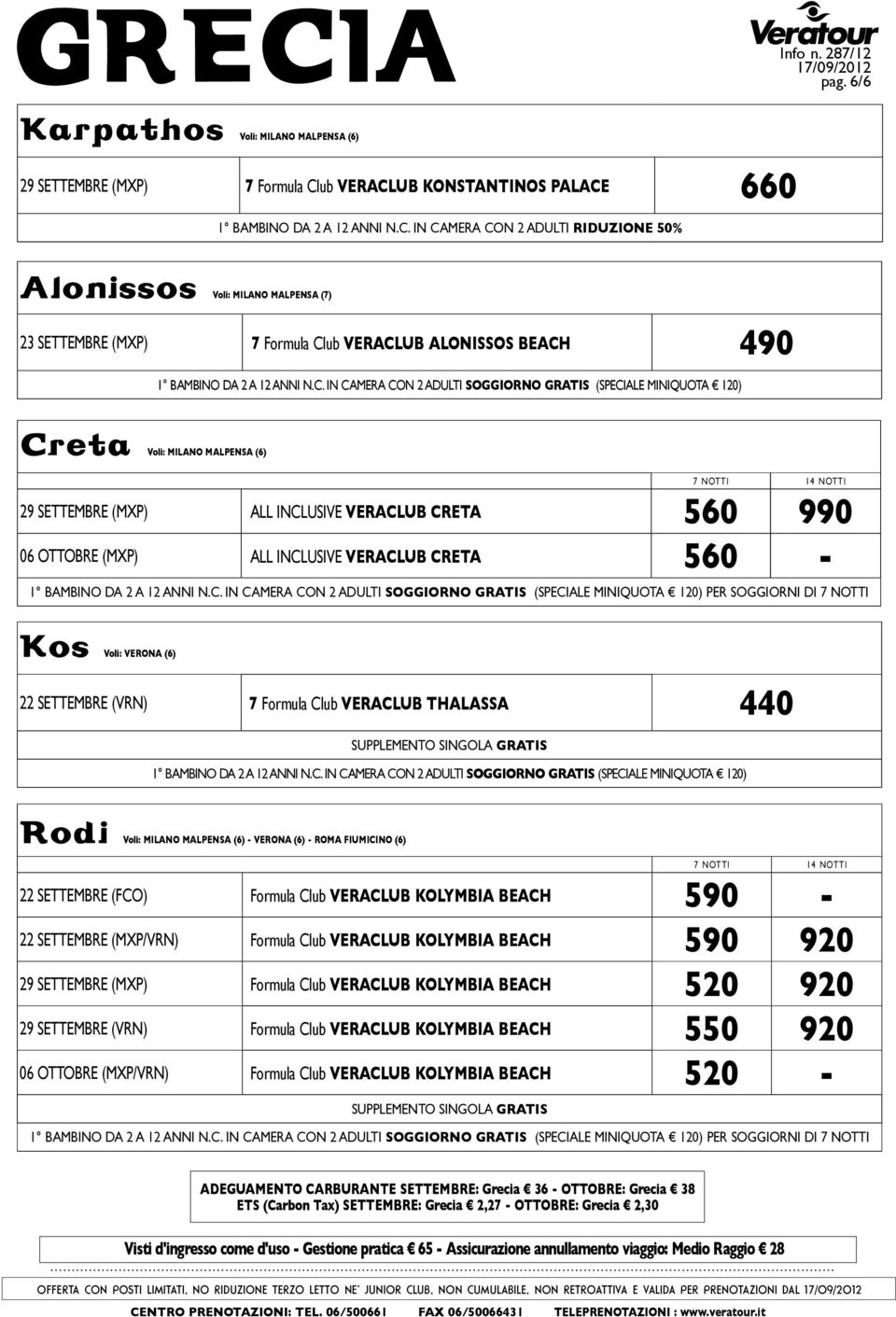 beach 490 Creta voli: Milano malpensa (6) 29 settembre (mxp) ALL INCLUSIVE veraclub CRETA 560 990 06 OTTOBRE (mxp) ALL INCLUSIVE veraclub CRETA 560 - per soggiorni di 7 notti Kos voli: Verona (6) 22