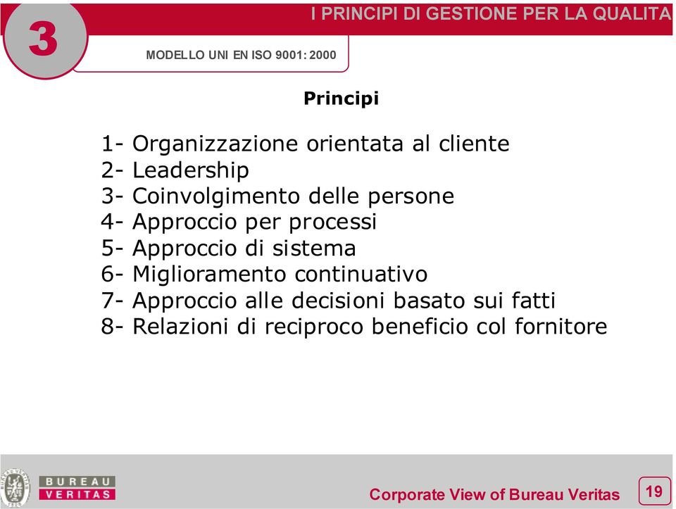 Approccio per processi 5- Approccio di sistema 6- Miglioramento continuativo 7-