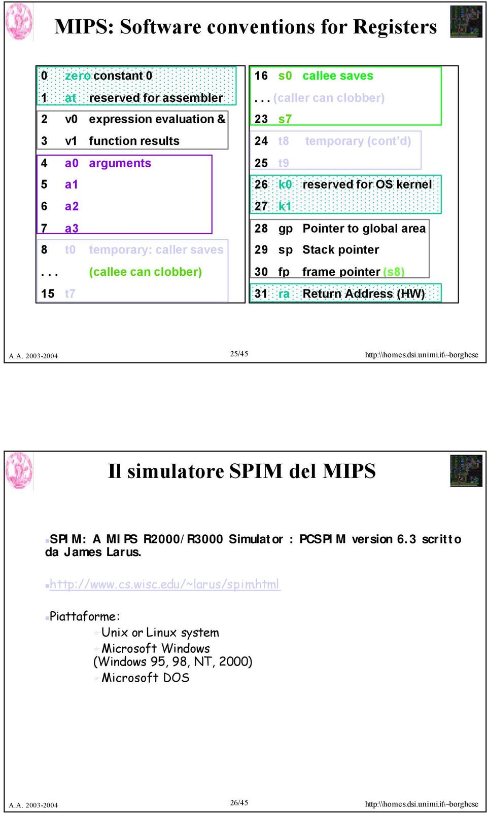 .. (caller can clobber) 23 s7 24 t8 temporary (cont d) 25 t9 26 k0 reserved for OS kernel 27 k1 28 gp Pointer to global area 29 sp Stack pointer 30 fp frame pointer (s8) 31