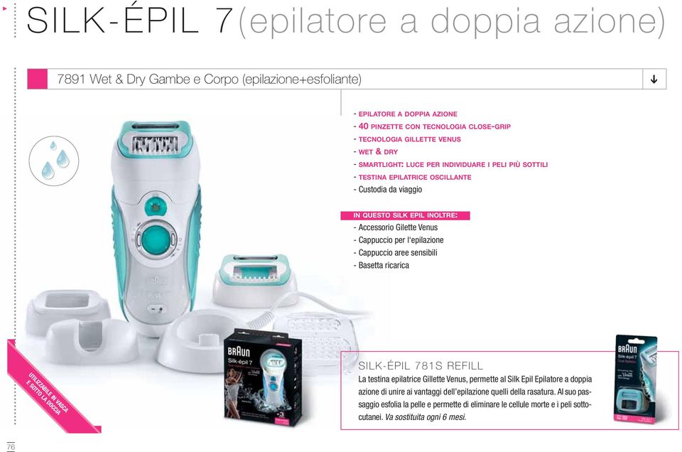 epilazione - Cappuccio aree sensibili - Basetta ricarica UTILIZZABILE IN VASCA E SOTTO LA DOCCIA SILK-ÉPIL 781S REFILL La testina epilatrice Gillette Venus, permette al Silk Epil Epilatore a