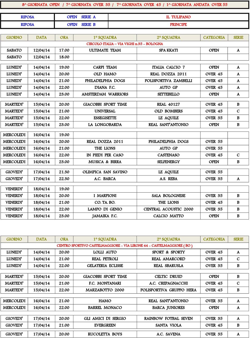 00 PHILADELPHIA DOGS POLISPORTIVA ZAMBELLI OVER 45 A LUNEDI 14/04/14 22.00 DIANA F.C. AUTO GP OVER 45 A LUNEDI 14/04/14 23.00 AMSTERDAM WARRIORS SETTEBELLO OPEN A MARTEDI 15/04/14 20.