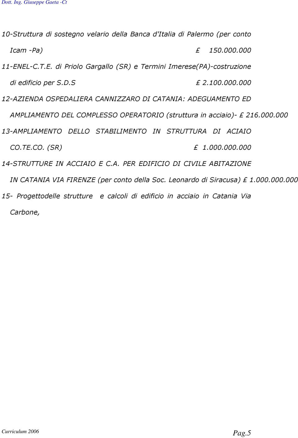 000 12-AZIENDA OSPEDALIERA CANNIZZARO DI CATANIA: ADEGUAMENTO ED AMPLIAMENTO DEL COMPLESSO OPERATORIO (struttura in acciaio)- 216.000.000 13-AMPLIAMENTO DELLO STABILIMENTO IN STRUTTURA DI ACIAIO CO.