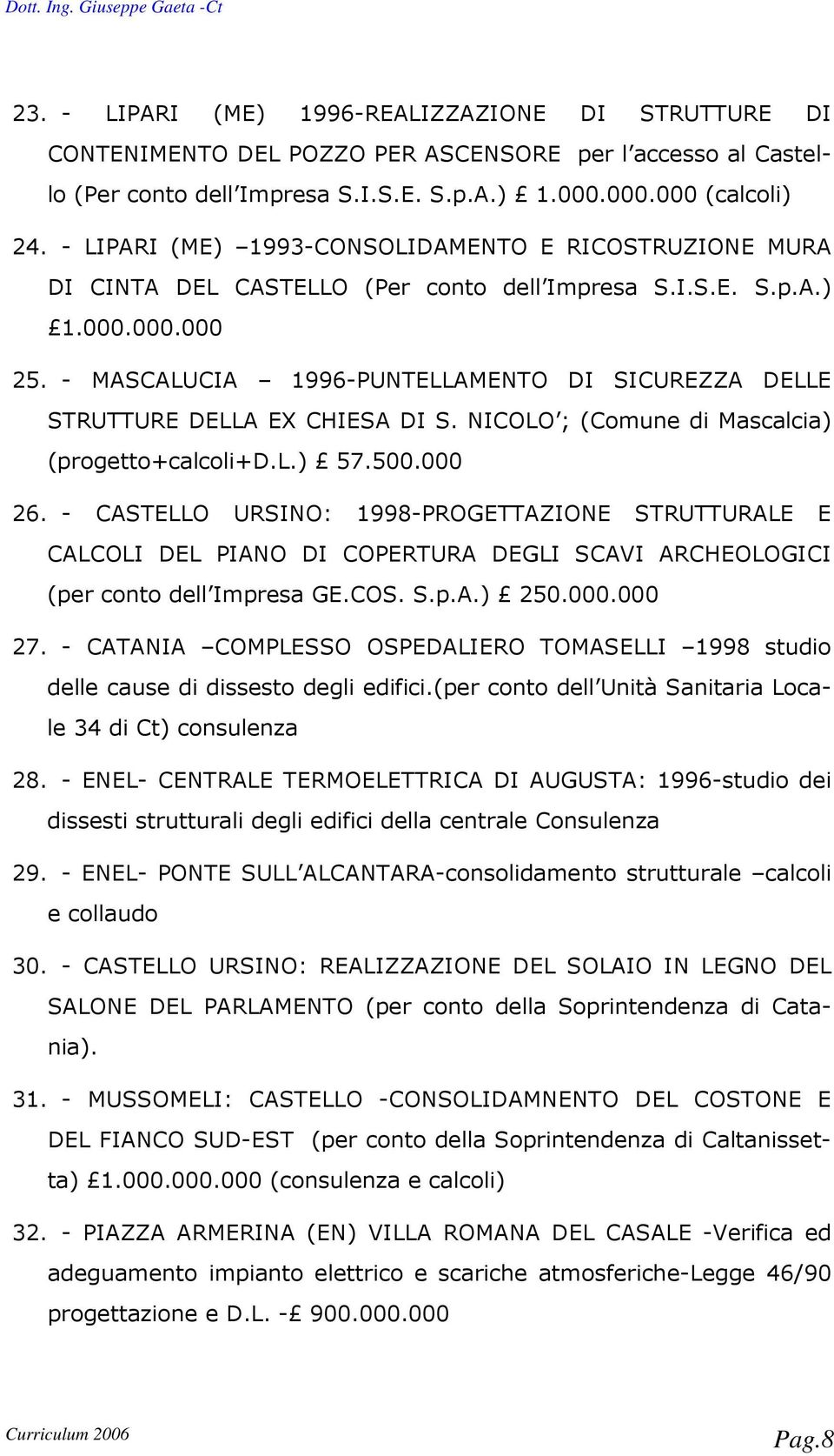 - MASCALUCIA 1996-PUNTELLAMENTO DI SICUREZZA DELLE STRUTTURE DELLA EX CHIESA DI S. NICOLO ; (Comune di Mascalcia) (progetto+calcoli+d.l.) 57.500.000 26.