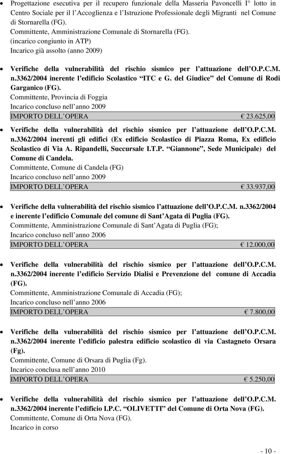 del Giudice del Comune di Rodi Garganico (FG). Committente, Provincia di Foggia Incarico concluso nell anno 2009 IMPORTO DELL OPERA 23.625,00 n.