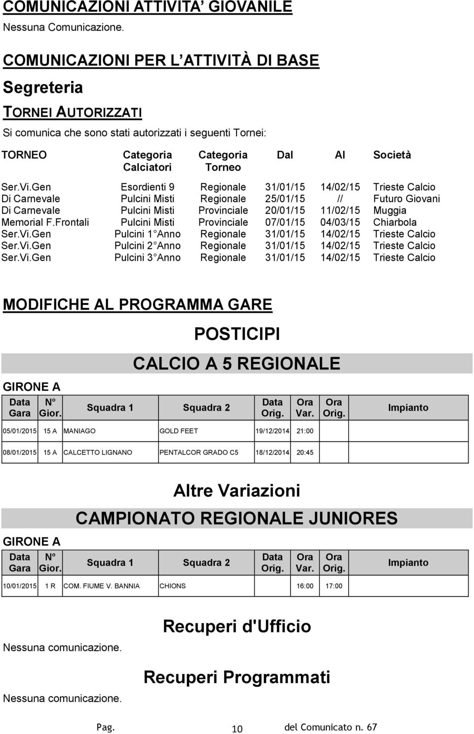 Gen Esordienti 9 Regionale 31/01/15 14/02/15 Trieste Calcio Di Carnevale Pulcini Misti Regionale 25/01/15 // Futuro Giovani Di Carnevale Pulcini Misti Provinciale 20/01/15 11/02/15 Muggia Memorial F.